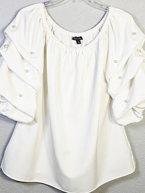 Roz & Ali Pearl Ruffle Sleeve Blouse 1X Flowy Dressy Top